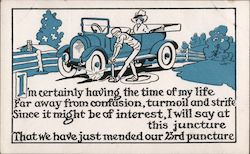 COUPLE TRAVELLING WHEN CAR GETS A FLAT TIRE Postcard