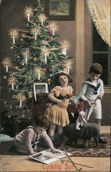 Three Children Play Near a Christmas Tree Postcard