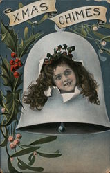 Xmas Chimes - Girls face breaking through Christmas bell surrounded by holly Postcard