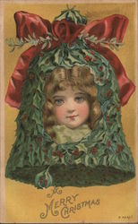 Merry Christmas - Girls face surrounded by Mistletoe Bell Postcard