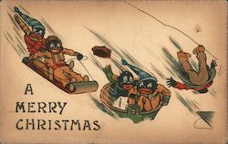 A Merry Christmas: Black Children sledding Postcard