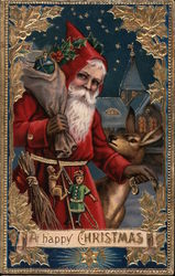 A Happy Christmas - Santa carrying presents, deer by his side Postcard
