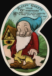 Rare Walt Disney "Sleepy" Greets your 6th birthday. Snow White Seven Dwarfs Die Cut Postcard