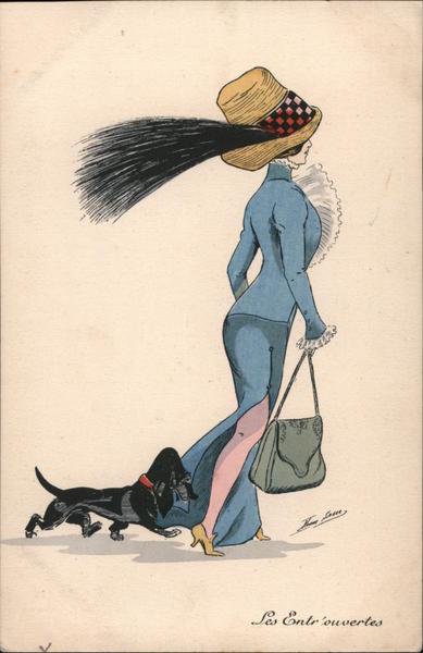 Woman in blue, big hat, black dog Series 4570 Xavier Sager