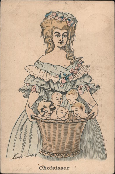 Woman in an off the shoulder dress holding a basket full of babies Series 33