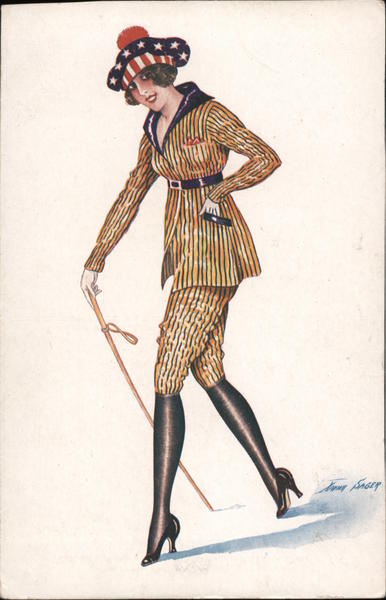 Woman With Cane Dressed In American Fashion With American Flag Hat And Striped Outfit Series 126