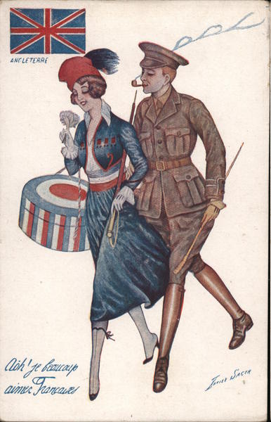 WWI Soldier With Pipe Walks With Woman In Patriotic French Dress And Hatbox Series 24