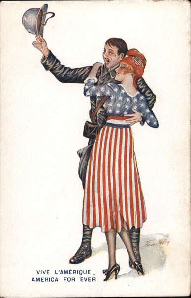 WWI America For Ever - Soldier Holds His Helmet While Embracing Woman In American Flag Dress Series 50