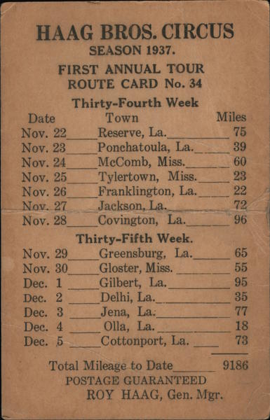 1937 Haag Bros. Circus Tour Route Card for Nov. 22 - Dec. 5