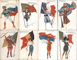 Set of 8: Patriotic Women Soldiers Country Flags Music Series 23 Xavier Sager Postcard Postcard Postcard