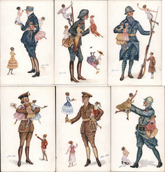 Set of 6: Fantasy Soldiers with Tiny Women Series 43 Postcard