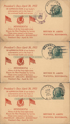 Postmarks from Franklin, Delano, Roosevelt MN President's Day April 30, 1933 Minnesota Presidents Postcard Postcard Postcard