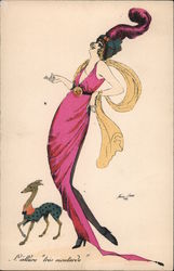 Woman In Evening Dress with Greyhound Dog in Formal Wear Series 596 Postcard