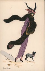 Woman in Purple Dress and fur muffler walks her dog Series 8022 Postcard