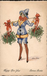 Happy New Year Woman with Holly Postcard