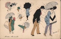 People in Rain with Umbrellas Xavier Sager Postcard Postcard Postcard