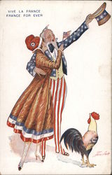 WWI France Forever! American Clad Couple and a Rooster Series 50 Postcard