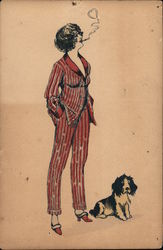 Woman in Pin-striped Pajamas Smoking with Dog Series 61 Postcard