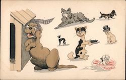 Hurt dog crying and nursing wound, other dogs, one in top hat. Cat serves up mouse with a grin Series 555 Xavier Sager Postcard  Postcard