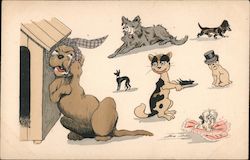 Hurt dog crying and nursing wound, other dogs, one in top hat. Cat serves up mouse with a grin Series 555 Postcard