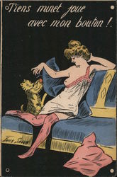 Risque Woman with Cat on Couch Postcard