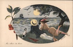 Couple and Dog Watch a Ship Sail in the Moonlight Series 4487 Postcard