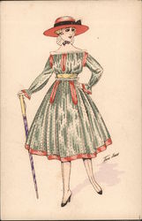 Woman in Green Dress and Hat with Walking Stick Series 12 Postcard