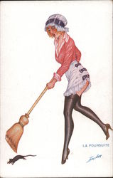 Maid in stockings chases rat with broom Series 67 Postcard