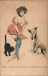 An animal looks on to a bare breasted woman and her cat. Postcard