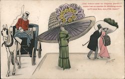 French woman in large hat with a horse drawn carriage. Couple having intimate conversation Postcard