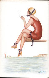 Woman in red bathing suit, heels and helmet, smoking a cigarette on a dock Series 115 Postcard