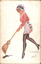 The chase - A women with a broom chasing a rat Series 67 Xavier Sager Postcard Postcard Postcard