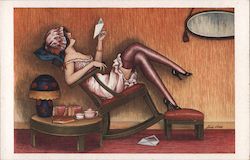 Woman leaning back in rocking chair reading a card Series 149 Xavier Sager Postcard Postcard Postcard