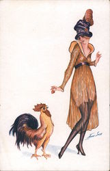 Woman in Sheer Dress Feeding a Rooster Series 108 Postcard
