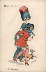 Women in green and red dress take a walk with bespectacled greyhound Series 4481 Postcard