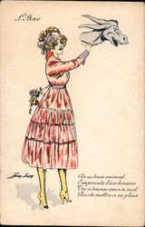 Lady in red draws a donkey Series 42 Postcard
