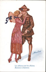 WWI Business is business, a young woman and an American Soldier kissing Series 81 Postcard