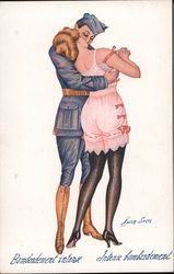 WWI "Intense Bombardment" soldier in full uniform kisses woman in underwear Series 36 Postcard