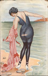 Young women, on the beach, just realizing her swimsuit has a tear in the buttocks section. Series 18 Postcard