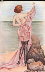Nude Woman with Pink Scarf Standing on the Beach Series 18 Postcard