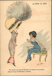 A woman shows off her really big hat to her friend in blue Series 3998 Postcard