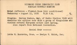 Young Democratic Club Monthly Meeting Postcard