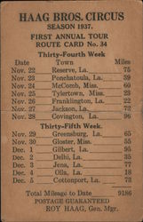 1937 Haag Bros. Circus Tour Route Card for Nov. 22 - Dec. 5 Postcard