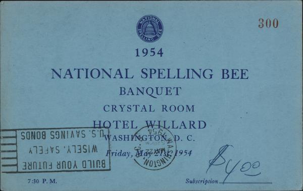 1954 National Spelling Bee Banquet Invitation: Hotel Willard Washington District of Columbia