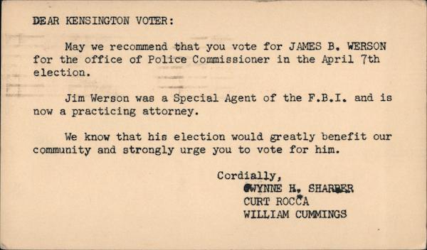 Correspondence Card, Vote Ask Kensington California