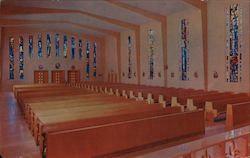 Pews-Serene-Kneeler-Ease Equipped - Sculptured glass windows - Notre Dame Memorial Church - Church of Notre Dame Belmont, CA Pos Postcard