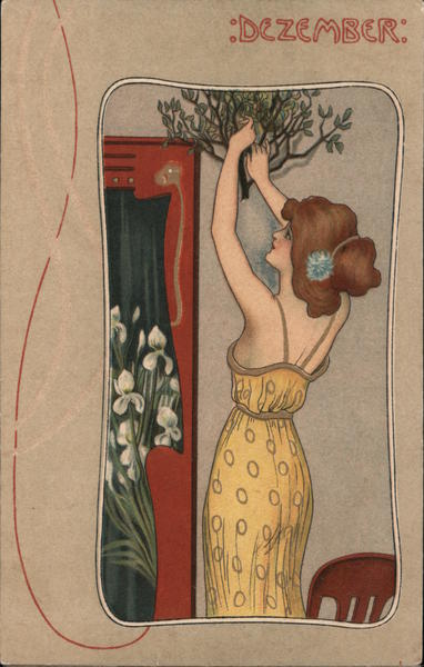 December Woman Hanging Mistletoe Near Door Dezember