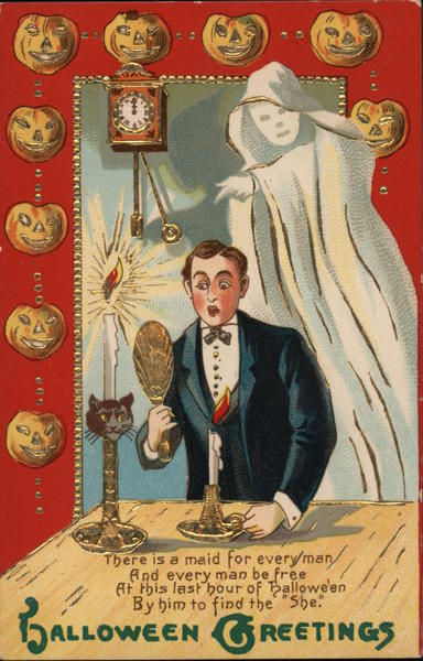 Man Seeing Ghost in Mirror: Hallowe'en Greetings Halloween
