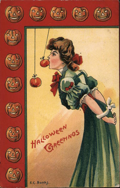 Halloween Greetings: Girl Biting Apple E. C. Banks
