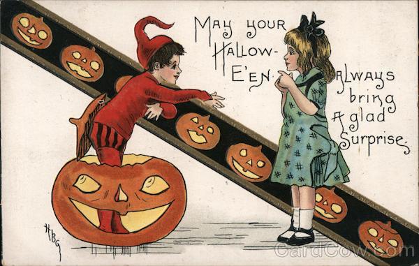 Boy in Jack O'Lantern Greeting Girl HBG Halloween
